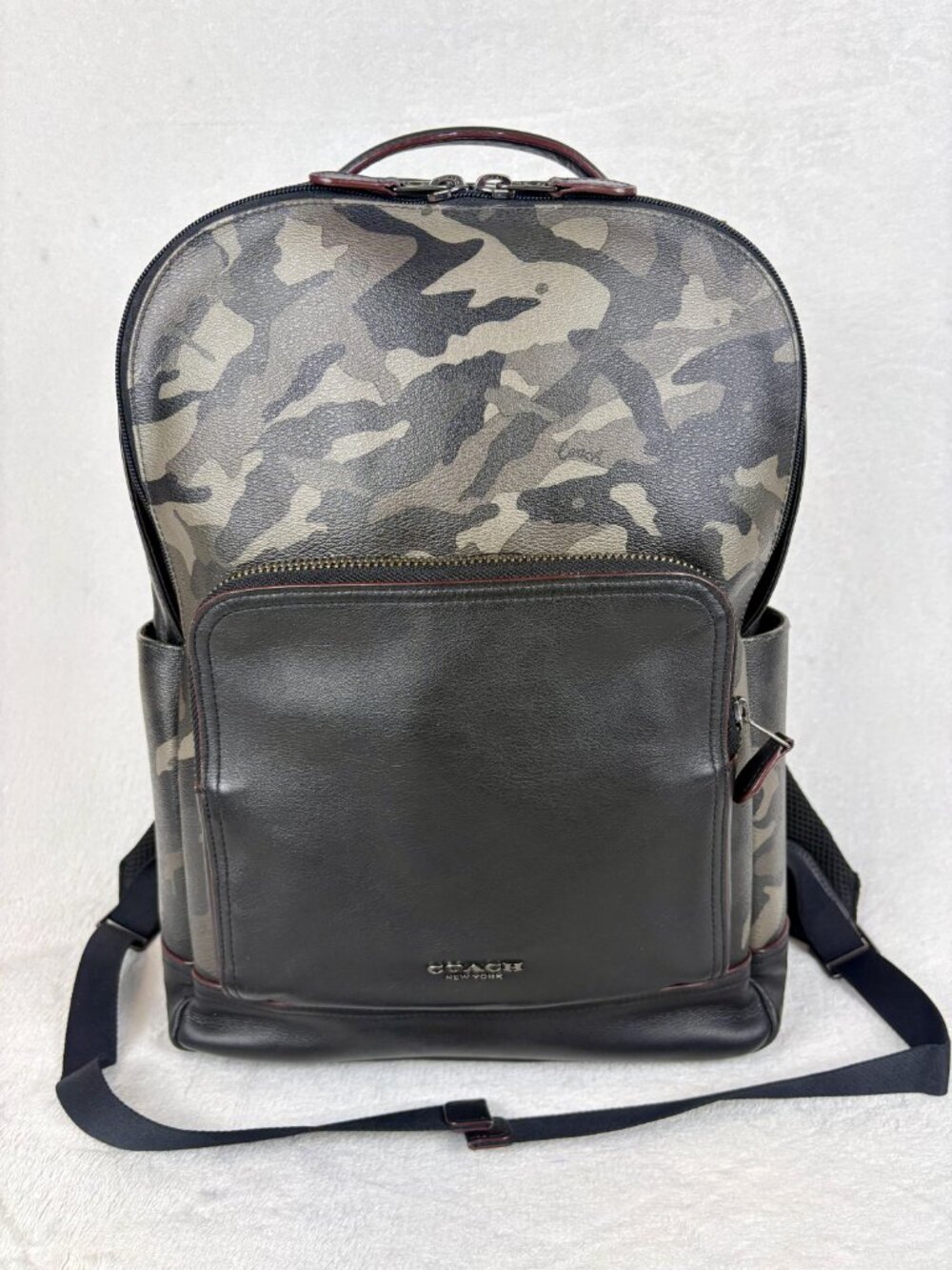 Coach Graham Backpack in Green Multi Camo Print Coated Canvas with Leather Trim